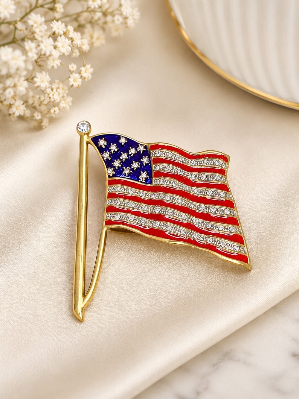 American Flag Red White & Blue Elegant Brooch with rhinestones.